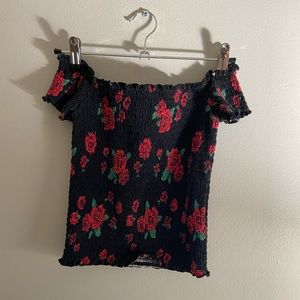 Black and red rose off shoulder top